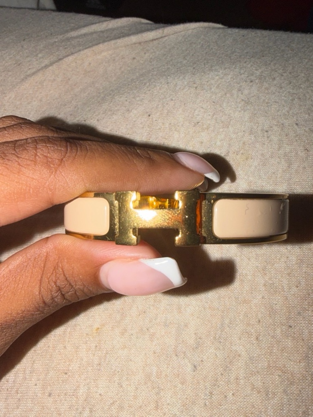 Gold and Nude Enamel Bangle Bracelet with H Logo
